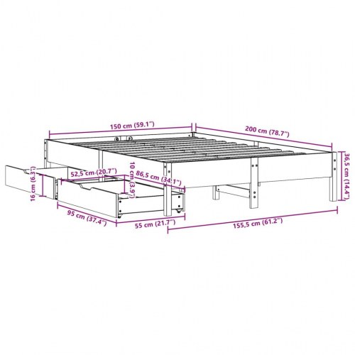 Sengeramme 150 x 200 cm med 2 skuffer - massivt fyrretræ, gyldenbrun