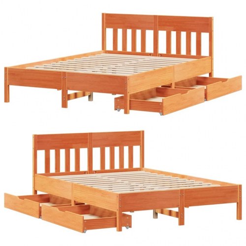 Sengeramme 150 x 200 cm med 2 skuffer - massivt fyrretræ, gyldenbrun