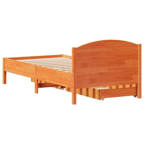 Sengeramme 100 x 200 cm i massivt fyrretræ med 2 skuffer - gyldenbrun