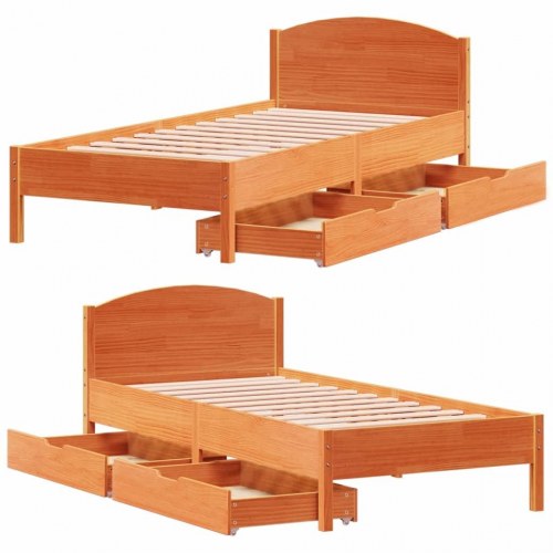 Sengeramme 100 x 200 cm i massivt fyrretræ med 2 skuffer - gyldenbrun