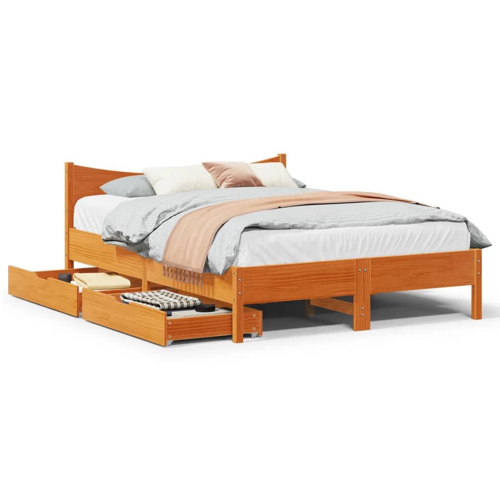 Sengeramme med skuffer 135x190 cm - massivt fyrretræ, brun