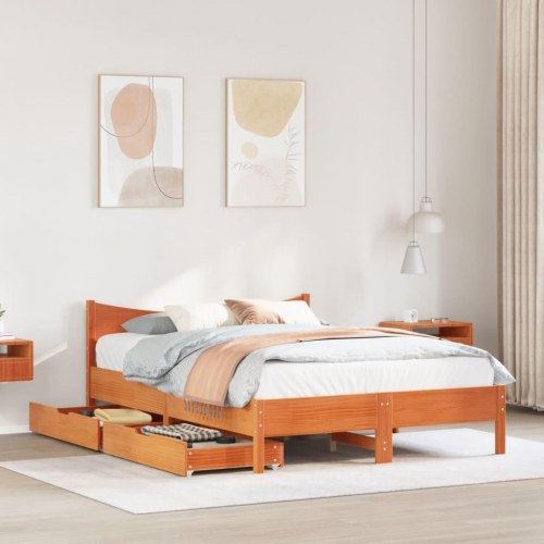 Sengeramme med skuffer 135x190 cm - massivt fyrretræ, brun