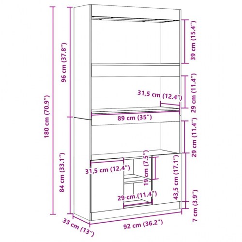 Reol 92x33x180 cm i konstrueret træ - betongrå