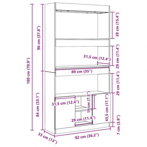 Reol med skab 92 x 33 x 180 cm - grå sonoma-eg
