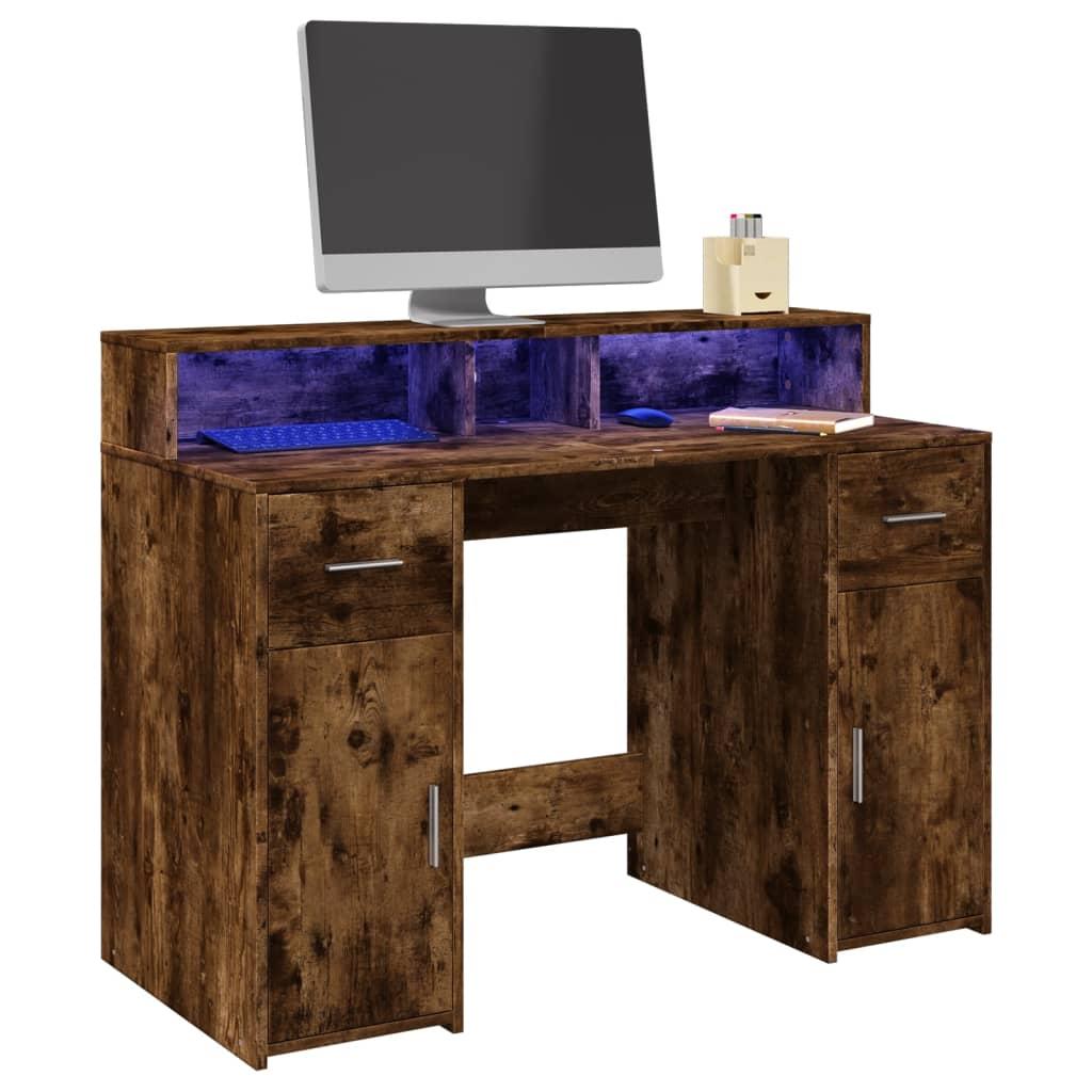 Skrivebord Med Led Lys 120x55x91 Cm Konstrueret Træ Røget Eg