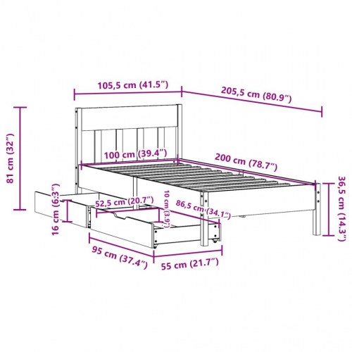 Sengeramme med skuffer 100x200 cm - massivt fyrretræ, hvid