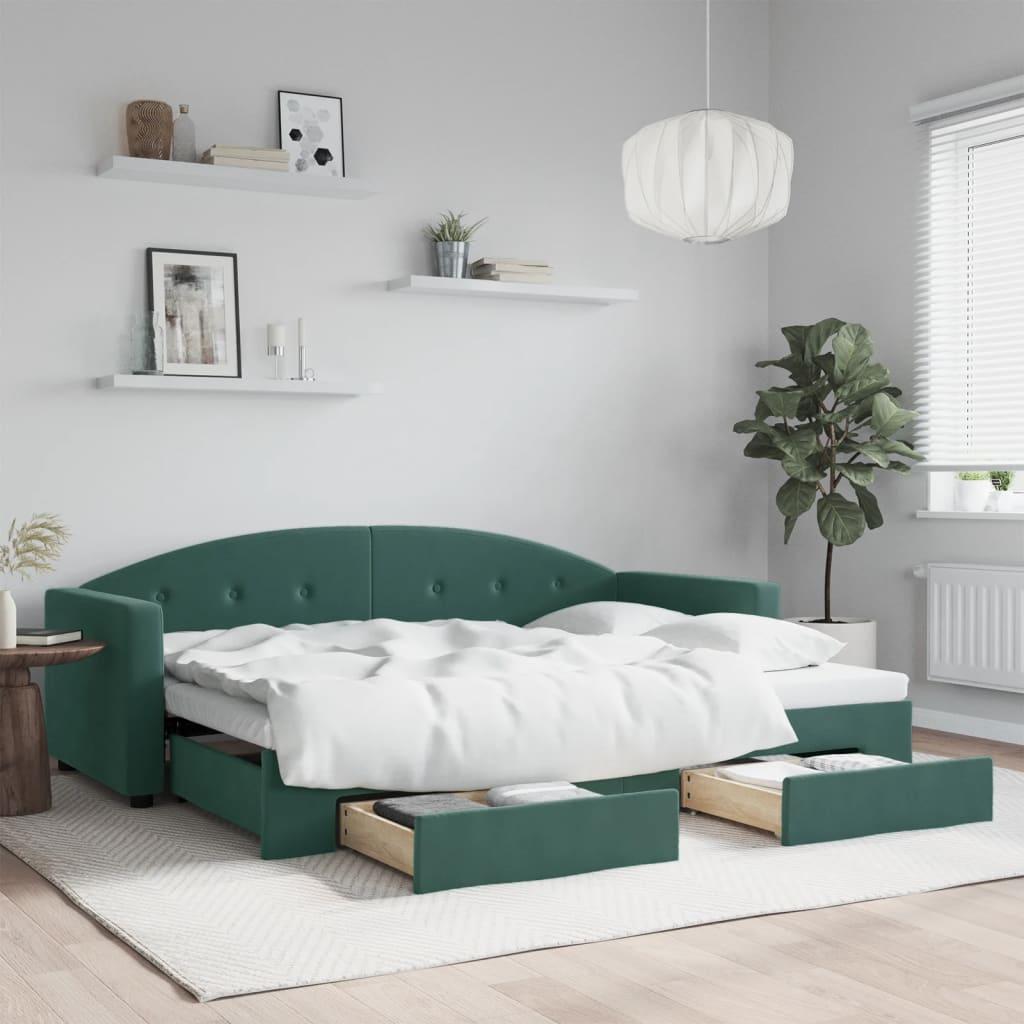 Daybed Velour Mørkegrøn - med udtræk og skuffe / 80 x 200 cm