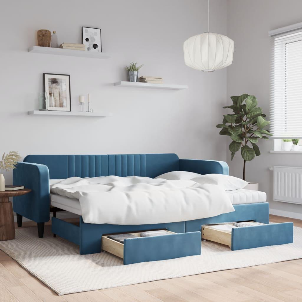 Daybed med udtræk og skuffer 90x200 cm velour blå billede