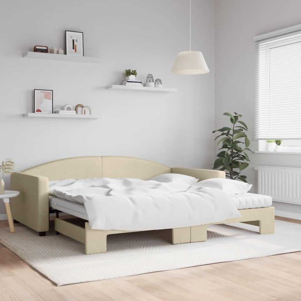 Daybed Stof Farvet Creme - med udtræk og madras / 100 x 200 cm