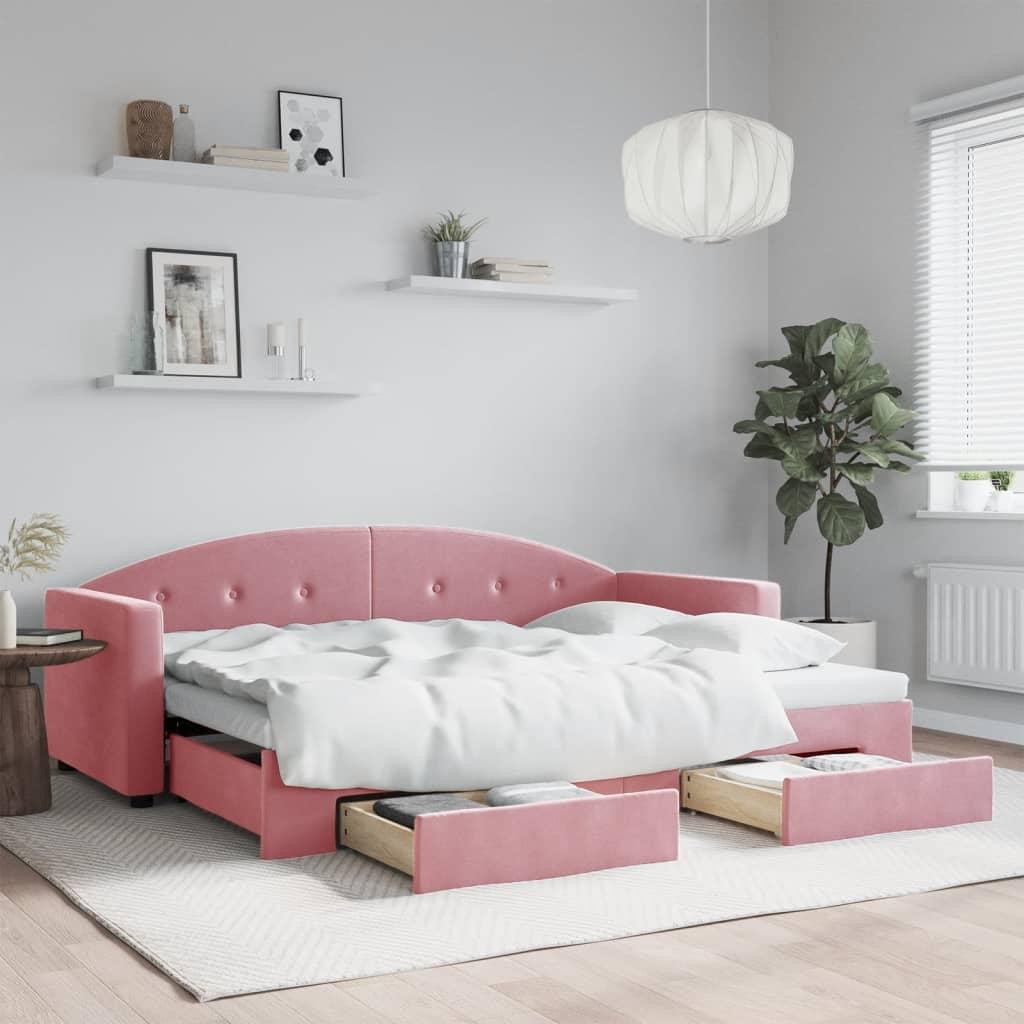 Daybed med udtræk og 2 skuffer 80 x 200 cm i velour - lyserød