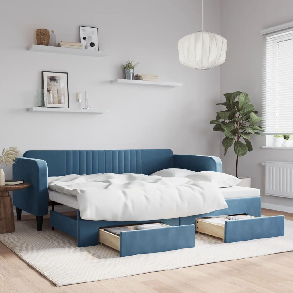 Daybed med udtræk og skuffer 90x200 cm velour blå billede