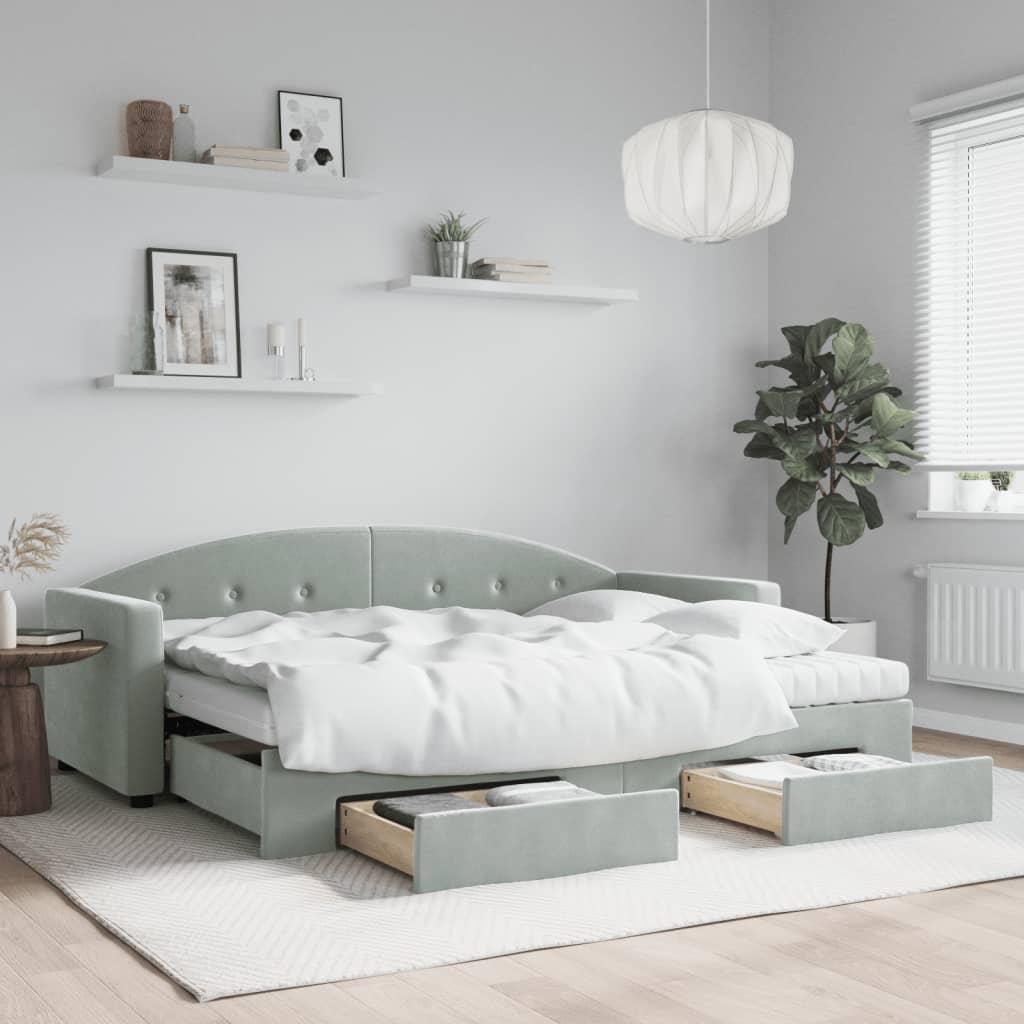 Daybed med udtræk og skuffer 80x200 cm velour lysegrå billede