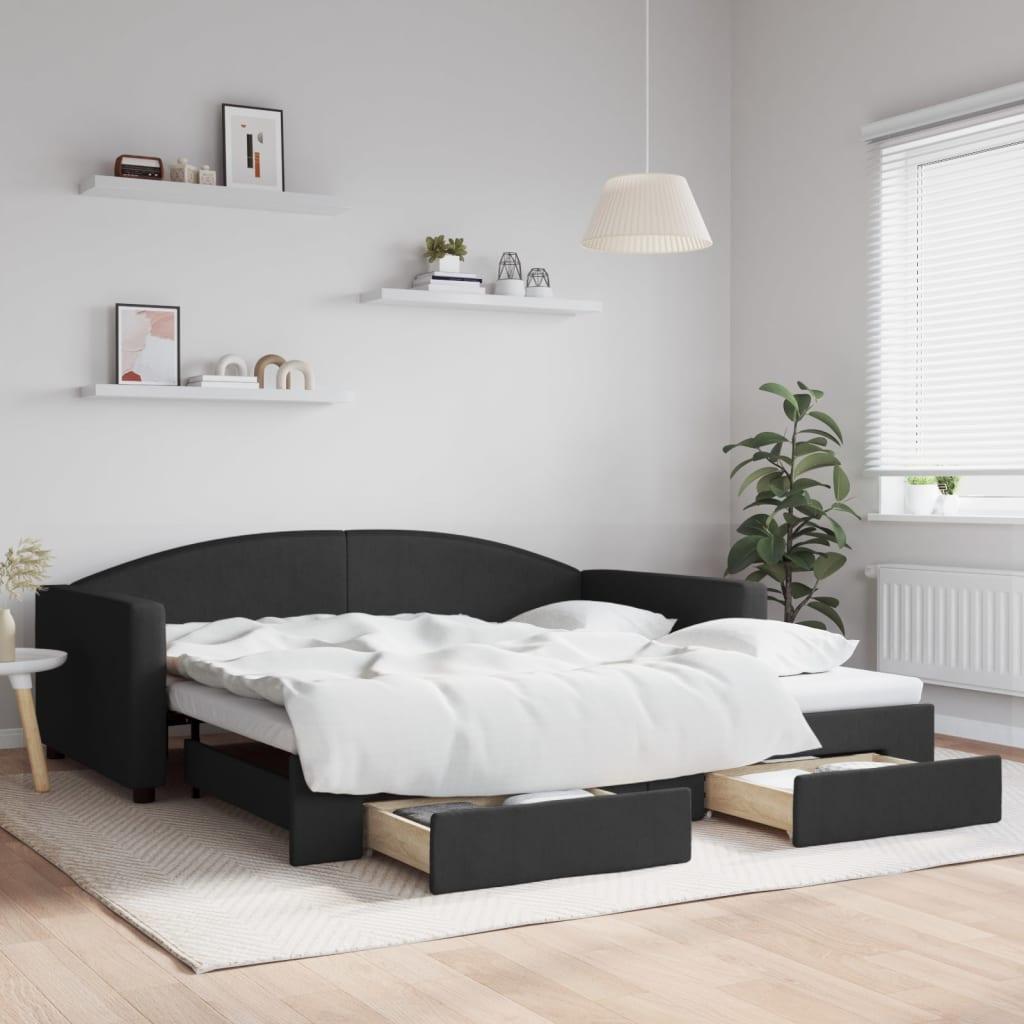 Daybed med udtræk og skuffer 100x200 cm stof sort billede