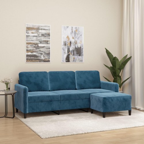 3-personers sofa med fodskammel 198 cm - velour, blå