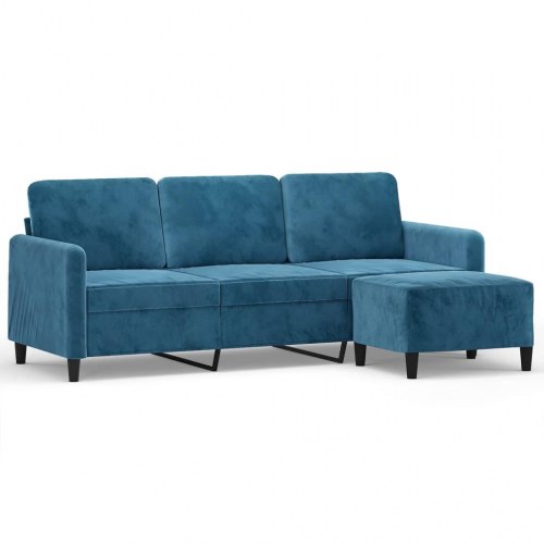 3-personers sofa med fodskammel 198 cm - velour, blå