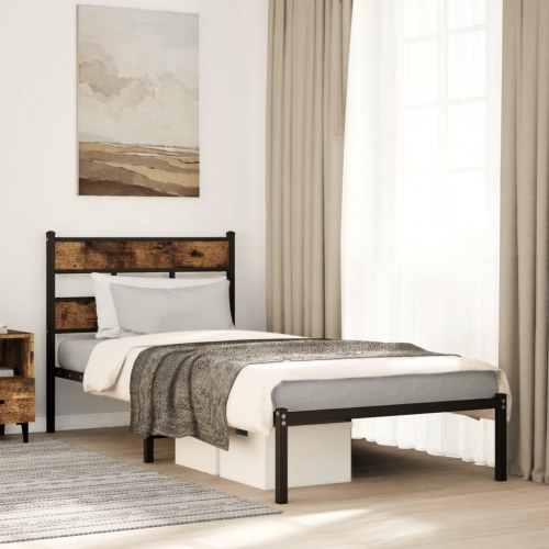 Sengeramme uden madras 90x190 cm i metal - sort/røget egetræsfarve