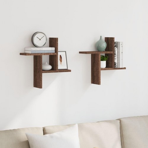 Væghylder 2 stk. - 38 × 12 × 38 cm i konstrueret træ, brun egetræsfarve