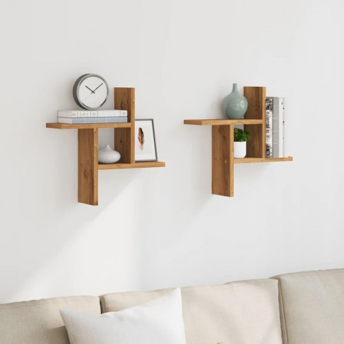Væghylder 2 stk. - 38 × 12 × 38 cm i egetræsfarvet konstrueret træ