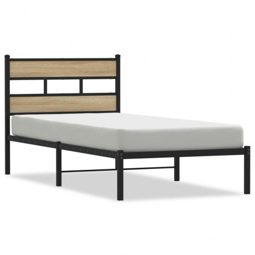 Sengeramme i metal med sengegavl 100 x 200 cm - sort/sonoma-eg