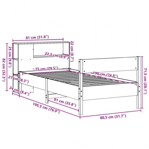 Seng med reol uden madras 75x190 cm massivt fyrretræ gyldenbrun