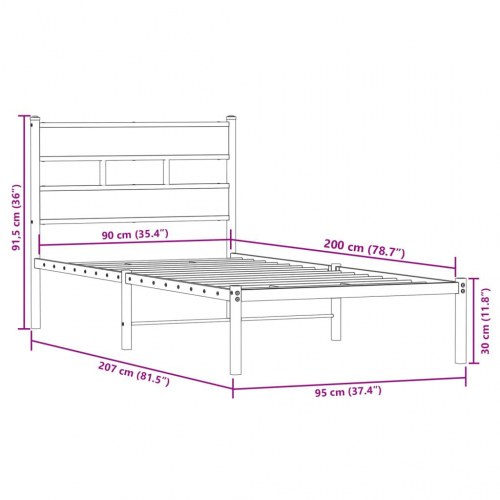 Sengeramme uden madras 90x200 cm metal røget egetræsfarve