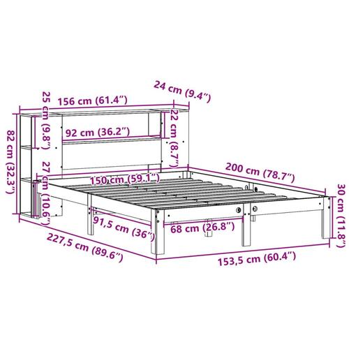 Seng med reol uden madras 150x200 cm massivt fyrretræ