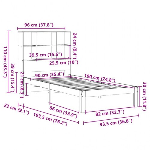 Seng med reol uden madras 90x190 cm massivt fyrretræ