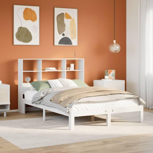 Seng med reol uden madras 140x190 cm - massivt fyrretræ, hvid