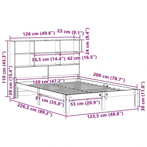 Seng med reol uden madras 120x200 cm massivt fyrretræ