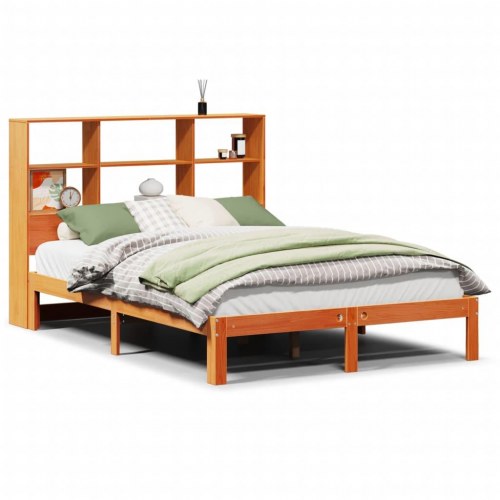 Seng med reol uden madras 140×190 cm - massivt fyrretræ, gyldenbrun