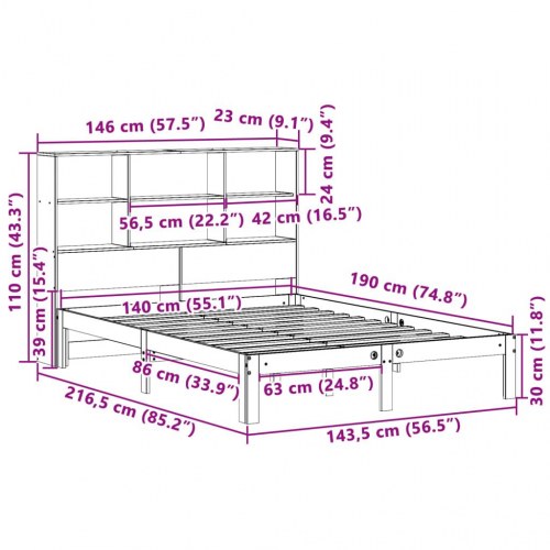 Seng med reol uden madras 140×190 cm - massivt fyrretræ, gyldenbrun