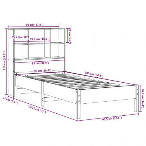 Seng med reol uden madras 90x190 cm massivt fyrretræ hvid