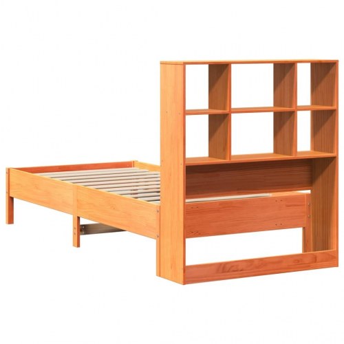 Seng med bogreol 75 x 190 cm i massivt fyrretræ - gyldenbrun