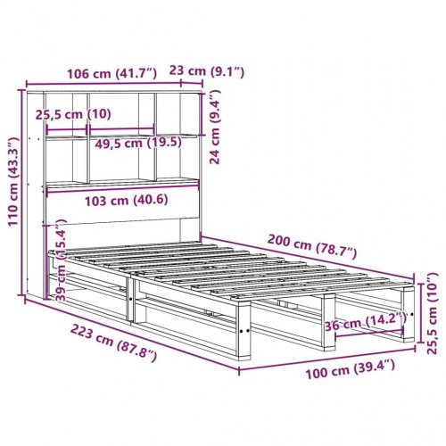 Seng med reolgavl uden madras 100 x 200 cm - gyldenbrun