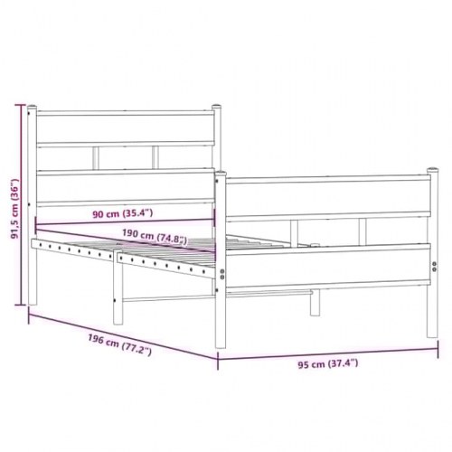 Sengeramme 90x190 cm i metal - sort/røget egetræsfarve