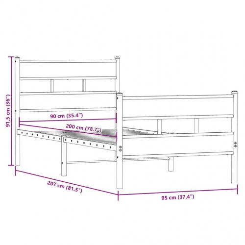 Sengeramme 90x200 cm i metal - sort/sonoma-eg