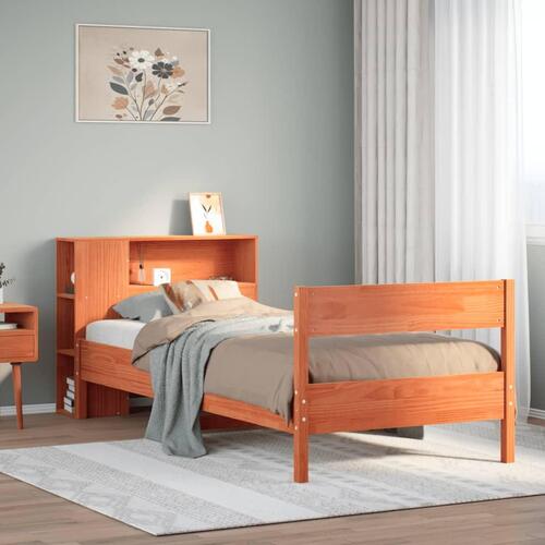 Seng med reol uden madras 90x190 cm massivt fyrretræ gyldenbrun