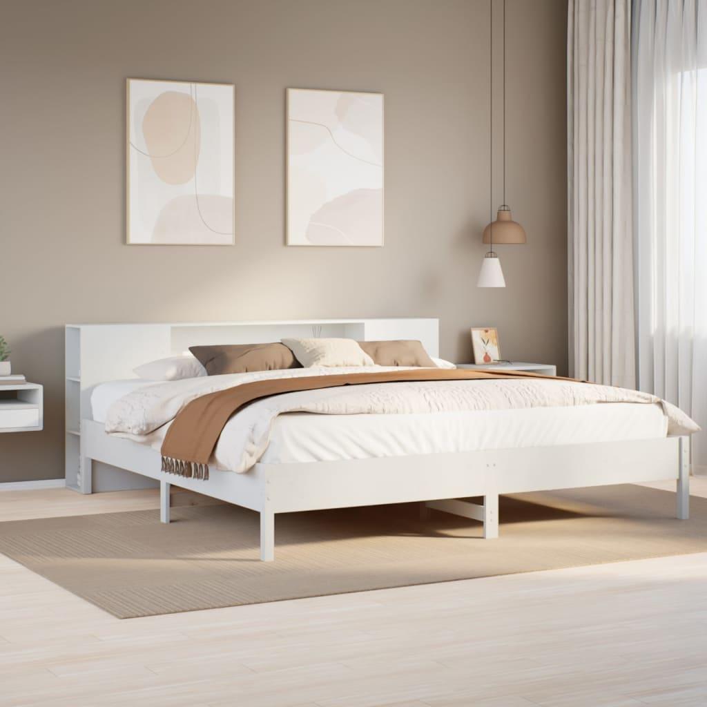 Seng med reol uden madras 200x200 cm massivt fyrretræ hvid
