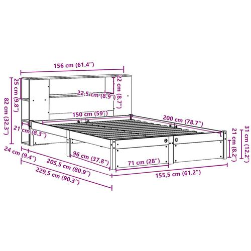 Seng med reol uden madras 150x200 cm massivt fyrretræ hvid