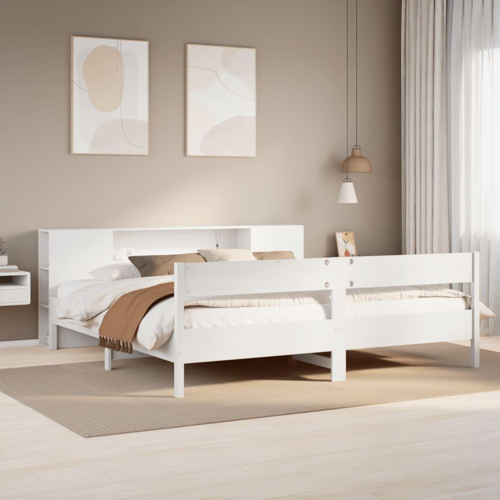 Seng med reol uden madras 200x200 cm massivt fyrretræ hvid