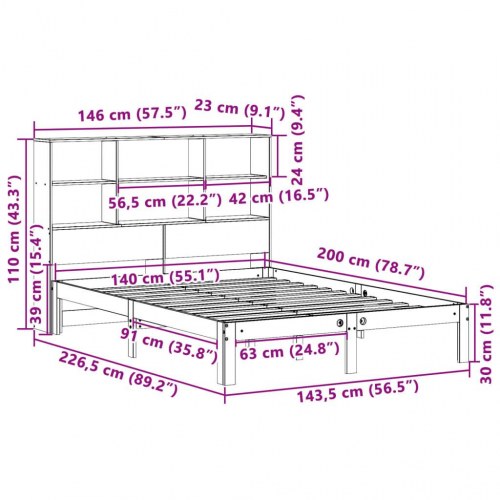 Seng med reol uden madras 140x200 cm - massivt fyrretræ, hvid