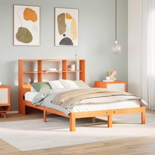 Seng med reol uden madras 135×190 cm - massivt fyrretræ, gyldenbrun