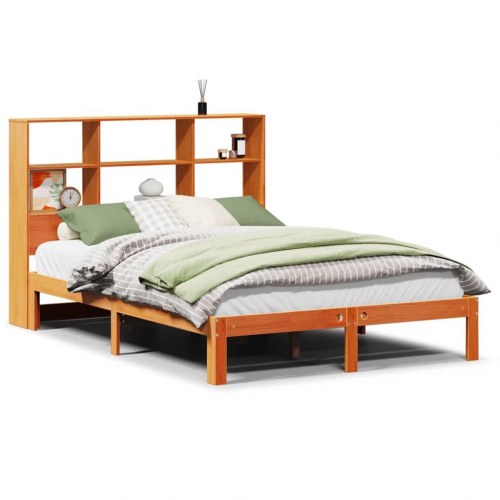 Seng med reol uden madras 135×190 cm - massivt fyrretræ, gyldenbrun