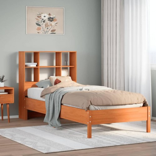 Seng med reol uden madras 90x190 cm massivt fyrretræ gyldenbrun