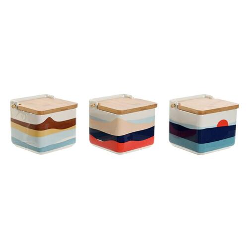 Saltbøsse med låg Home ESPRIT Blå Grøn Pink Syren Bambus Tropisk 750 ml 14 x 12,5 x 12 cm (3 enheder)