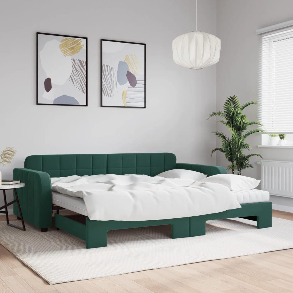 Daybed med udtræk og madras 90x200 cm velour mørkegrøn billede