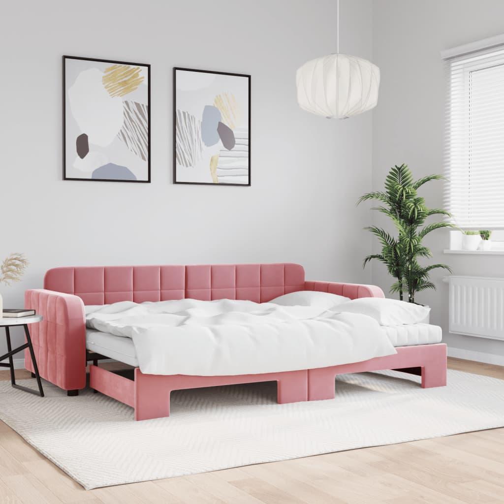 Daybed med udtræk og 2 madrasser 80 x 200 cm velour lyserød