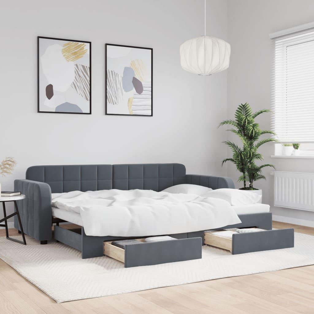 Daybed Velour Mørkegrå - med udtræk og skuffe / 80 x 200 cm