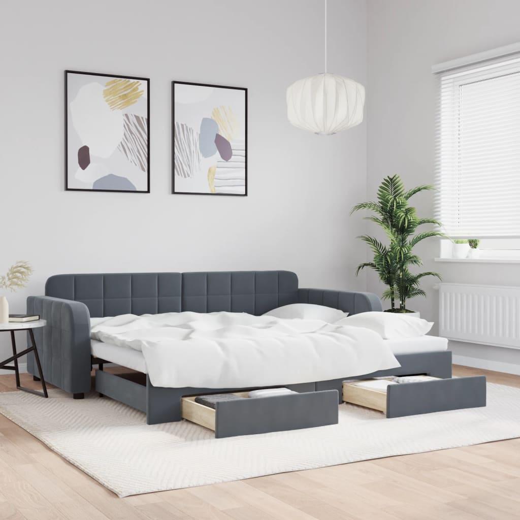 Daybed Med Udtræk Og Skuffer 90x200 Cm Velour Mørkegrå