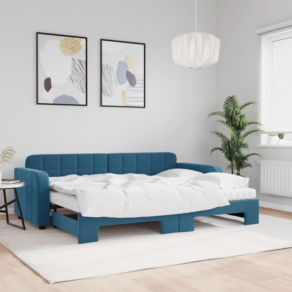 Daybed Velour Blå - med udtræk og madras / 80 x 200 cm